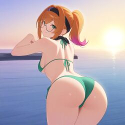 ai_generated bandana bikini breasts butt_focus ginger glasses green_eyes ponytail small_breasts thighs