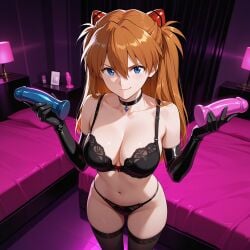 ai_generated asuka_langley_sohryu bed bra choker dildo femdom gloves panties solo