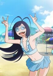 beach bikini bleach bleach:_the_thousand-year_blood_war blue_eyes blue_hair femboy flat_chest giselle_gewelle long_hair skirt sunglasses tongue_out trap