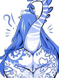 2023 ass blue_hair cherusdoodles dede_(cherusdoodles) demon demon_humanoid exclamation_point female floral_pattern floral_print genitals gzhel hair horn horned_humanoid humanoid long_hair nude nude_female nude_humanoid presenting presenting_hindquarters pussy question_mark raised_tail rear_view slightly_chubby slightly_chubby_female slightly_chubby_humanoid tail tampography thick_thighs