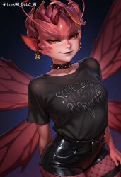 ai_dota_ai ai_generated antennae artist_name black_shirt black_shorts breasts choker collar collarbone colored_skin cowboy_shot cross cross_earrings dark_willow dota_2 earrings english_text fairy_wings female fishnet_pantyhose fishnets goth goth_fashion goth_girl gradient_background jewelry looking_at_viewer mireska_sunbreeze_the_dark_willow monster_girl pantyhose pantyhose_under_shorts parted_lips pointy_ears print_shirt red_eyes red_hair shirt short_hair short_shorts short_sleeves shorts smile solo wings