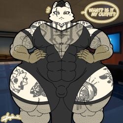 1:1 2025 5_fingers abs anthro arm_tattoo ass big_butt big_pecs black_clothing black_dress black_hair blind_eye bulge cheek_tuft chest_tattoo clothed clothed_anthro clothed_male clothing crossdressing dialogue domestic_cat dress english_description english_text eye_scar facial_scar facial_tuft felid feline felis fingers fishnet_clothing fishnet_legwear front_view fur hair hands_on_hips leg_tattoo legwear male mammal meowdas mouth_closed muscular muscular_anthro muscular_arms muscular_male neck_tattoo nipple_outline pecs scar screencap screencap_background serious_face solo speech_bubble stoopiedoopie tattoo text thick_thighs tuft white_body white_fur wide_hips yellow_eyes