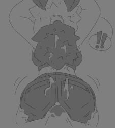 anthro arthropod ass black_and_white bodily_fluids bottomwear bulge clothing cum cum_in_hair cum_inside cum_on_back cum_on_butt cum_on_clothing cum_through denim denim_bottomwear denim_clothing denim_shorts duo erection erection_under_clothing exclamation_point female genital_fluids grinding hair hi_res insects lepidopteran male male/female monochrome moth motion_lines raewtf shirt shorts speech_bubble tank_top topwear