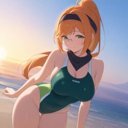 ai_generated bandana breasts cleavage ginger glasses green_eyes one-piece_swimsuit ponytail small_breasts thighs
