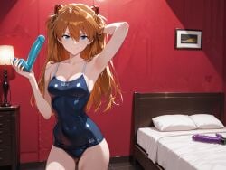 ai_generated asuka_langley_sohryu bed dildo femdom happy school_swimsuit solo standing