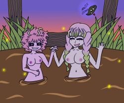 2girls breasts crossover demon_slayer female female_only kanroji_mitsuri kimetsu_no_yaiba mawilediana mina_ashido mitsuri_kanroji mud my_hero_academia nipples quicksand tagme