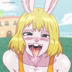 animal animal_ears animal_nose anthro artsens8 bare_shoulders black_eyes blonde_hair blush breasts buck_teeth bunny bunny_girl carrot_(one_piece) cleavage clothing day female female fur furry furry_female lagomorph large_breasts leporid looking_at_viewer mammal one_piece open_mouth oral_invitation outdoors rabbit_ears rabbit_girl saliva sexually_suggestive shirt short_hair sleeveless smile solo teeth tongue tongue_out upper_body uvula
