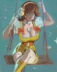 1girls alternate_costume bikini breasts brown_hair choker collarbone crown dress english_commentary flipped_hair flower flower_necklace gloves headphones large_breasts looking_at_viewer mario_(series) medium_hair mkchainsaw on_swing orange_bikini princess_daisy sitting socks solo swimsuit swing thighhighs yellow_dress