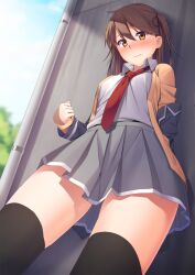1girls blazer blush brown_eyes brown_hair cardigan commentary_request female from_below highres jacket long_hair looking_at_viewer mikazuchi_zeus open_cardigan open_clothes open_jacket original photoshop_(medium) school_uniform skirt solo sweater thighhighs
