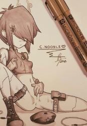 :o asian asian_female bangs_over_eyes cyborg cyborg_noodle cybussy female gloves gorillaz gunshot_hole harrisartz patches robot robot_girl shirt_only shoes slight_smile smoke