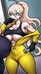 1girls abs ai_generated athletic blonde_hair breasts cow-ede_akamatsu danganronpa female huge_breasts iruma_miu open_clothes sports_bra tagme underboob wrench