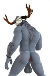 ai_generated anus bara black_choker brown_horns buff collar gay goatee grey_body grey_fur handsome long_bearded male male_only old_man penis sagging_balls skull_mask solo wendigo white_background white_eyes yaoi