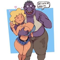 1boy 1girls blonde_hair breasts bud_dink curvy dark-skinned_female denim denim_shorts doug fat_male hands_in_pants huge_breasts implied_handjob lewdbeef netorare patti_mayonnaise polka_dot purple_skin purple_skinned_male tubetop waving