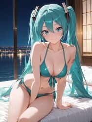 ai_generated bed bedroom bikini breasts happy hatsune_miku medium_breasts sitting