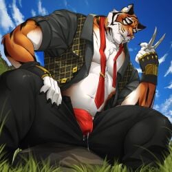 biped black_claws bodily_fluids claws clothing dripping epic_games felid fortnite genital_fluids hi_res humanoid_hands male_only mammal oscar_(fortnite) pantherine pink_nose precum precum_drip precum_through_clothing precum_through_underwear purtropos red_clothing red_underwear solo tiger underwear wet wet_clothing