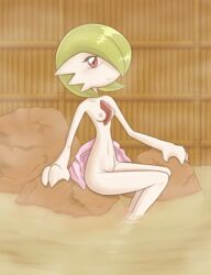 1girls 2015 areola breasts female female_gardevoir female_only gardevoir green_hair hair hi_res hot_spring kurozu nintendo nipples nude onsen partially_submerged pokemon pokemon_(species) pokemon_rse pussy red_eyes rock short_hair small_breasts smile solo steam towel video_games water white_skin