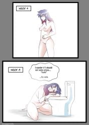 2023 areola black_border blue_eyes border breasts colored comic dialogue english_text female female_humanoid fur fur_growth genitals grey_border growth hair hand_on_own_belly hi_res humanoid humanoid_pointy_ears kneeling looking_at_own_belly navel nipples nude pointy_ears pouty pregnant pregnant_female pregnant_humanoid purple_hair pussy red_hair resting_head simple_background smile solo speech_bubble standing strawberrytfs text toilet white_background