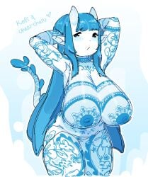 2024 areola big_breasts blue_blush blue_hair blush breasts crypine dede_(cherusdoodles) demon female floral_pattern floral_print fupa genitals guide_lines hair hi_res horn horned_humanoid humanoid humanoid_pointy_ears nipples not_furry nude nude_female nude_humanoid pointy_ears pussy raised_arms slightly_chubby slightly_chubby_female slightly_chubby_humanoid standing tail tampography thick_thighs