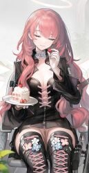 absurdres arknights black_jacket black_shirt boots bottomless breasts cake cleavage closed_eyes closed_mouth cross-laced_clothes detached_wings energy_wings female food fruit halo highres holding holding_food holding_fruit holding_plate jacket lace-up_boots lemuen_(arknights) long_hair long_sleeves medium_breasts no_panties no_pants nopetroto open_clothes open_jacket pink_hair plate pussy shirt sitting smile solo strawberry strawberry_shortcake thigh_boots thighs wheelchair wings