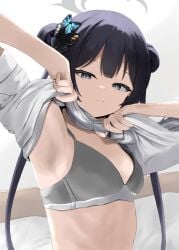 1girls absurdres armpits black_hair blue_archive bra breasts butterfly_hair_ornament closed_mouth clothes_lift commentary_request disuto double_bun grey_bra grey_eyes grey_halo hair_bun hair_ornament halo highres kisaki_(blue_archive) kisaki_(school_uniform)_(blue_archive) lifting_own_clothes long_hair looking_at_viewer presenting_armpit shirt shirt_lift small_breasts solo twintails underwear upper_body white_shirt