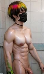 3d 3d_(artwork) ai ai_art ai_assisted ai_generated choker face_mask facemask gay male male_focus male_only multicolored_hair realistic solo_male