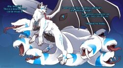 2020 2_penises 6_legs 8_breasts 8_nipples 9_tails after_transformation anthro areola black_areola black_body black_countershading black_nipples black_pawpads black_penis black_sclera black_wings blue_markings breasts chimera claws colored countershading english_text erection etis fangs feral forked_tongue fur furry genitals gynomorph intersex markings multi_breast multi_genitalia multi_nipple multi_penis multi_tail nipples nude open_mouth pawpads paws penis quadruped sabertooth_(anatomy) scales solo standing strawberrytfs tail teeth text tongue tongue_out white_body white_fur wings