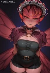 ai_dota_ai ai_generated arm_up artist_name belt black_shorts breasts choker collarbone colored_skin cowboy_shot dark_willow dota_2 earrings female fishnet_thighhighs fishnets goth hairband jewelry looking_at_viewer mireska_sunbreeze_the_dark_willow monster_girl orange_eyes pointy_ears red_eyes red_skin shiny_clothes shiny_skin short_hair shorts smile solo thighhighs wings