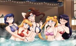 5girls ami_mizuno bikini bishoujo_senshi_sailor_moon blep blush breast_pillow closed_eyes glasses groping groping_breasts head_on_breasts hot_spring lantern lifejoyart makoto_kino minako_aino o_o onsen open_mouth rei_hino usagi_tsukino