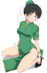 bare_arms bare_legs bare_thighs black_hair blush breasts bun_cover china_dress chinese_clothes closed_mouth earrings green_dress hazuki_ren high_heels love_live! love_live!_superstar!! medium_breasts nagi_mkrnpn pelvic_curtain short_hair short_sleeves smile thighs yellow_eyes