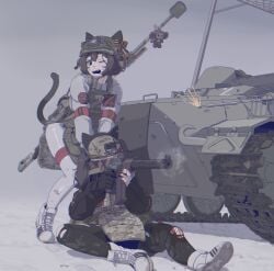 ammunition_pouch animal_ears arm_strap armored_personnel_carrier armored_vehicle b1-517 blood brown_eyes brown_hair bulletproof_vest cat_ears cat_girl cat_tail firing gun helmet highres injury long_hair medium_hair military military_combat_uniform military_uniform motor_vehicle one_eye_closed open_mouth original pouch ribbon_of_saint_george rifle shoes skindentation sneakers sniper_rifle snow soldier tactical_clothes tail teeth thigh_strap torn_clothes upper_teeth_only vss_vintorez weapon winter