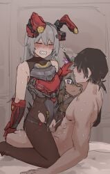 1boy 2girls animal_ears armored_leotard black_hair blush censored clothed_female_nude_male commander_(girls'_frontline) dark-skinned_female dark_skin fake_animal_ears girls'_frontline girls'_frontline_2:_exilium grey_hair hair_between_eyes hand_on_another's_head highres indoors krolik_(girls'_frontline_2) leotard long_hair mechanical_ears medium_hair mosaic_censoring multiple_girls natawaru nemesis_(girls'_frontline_2) nude penis playboy_bunny ponytail purple_eyes rabbit_ears red_eyes sex short_ponytail smirk straight tactical_playboy_bunny torn_clothes vaginal_penetration