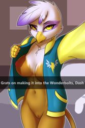 2017 absurd_res anthro anthrofied avian beak bottomless breasts captainpudgemuffin clothed clothing english_text feathers female friendship_is_magic gilda_(mlp) gryphon hi_res looking_at_viewer my_little_pony navel open_jacket pudgeruffian pussy selfie solo text