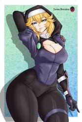 1girls big_ass big_breasts blonde_hair blue_eyes breasts cleavage clothed curvy curvy_figure el_diario_de_jonathan female gem green_eyes heterochromia jayden_murtons leather leather_clothing leather_gloves leg_band leg_strap legs lips nun's_habit pasioneillustrations pose short_hair solo solo_female sweat thick thick_ass thick_legs thick_thighs thighs