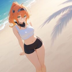 ai_generated bandana bike_shorts breasts ginger glasses green_eyes ponytail small_breasts tank_top thighs