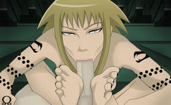 1boy 1girls bangs barefoot blonde_hair erection feet fellatio foot_fetish foot_focus footjob medusa_gorgon naked nude omegazero01 penis pov_feet short_hair short_hair_with_long_locks soles soul_eater toenail_polish toes yellow_eyes