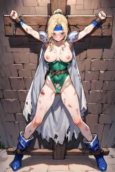 1girls ai_assisted ai_generated arms_up belt blonde_hair blue_boots blue_eyes blue_headband blush bondage breasts breasts_out brick_wall bruise cameltoe celes_chere covered_clitoris crying defeat defeated_heroine female final_fantasy final_fantasy_vi green_leotard head_down hi_res large_breasts legs_apart nipples prisoner restrained restrained_ankles restrained_wrists self_upload shoulder_armor spread_eagle stable_diffusion standing stationary_restraints sweat tacocatbox torn_clothes white_cape