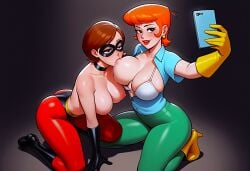 ai_generated ass bra breasts breasts_out crossover dexter's_laboratory dexter's_mom erect_nipples helen_parr huge_breasts latex_bodysuit lesbian_couple mask selfie sucking_nipple the_incredibles thighs