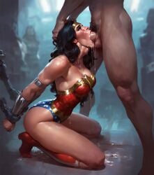 1boy 1girls ai_generated blowjob boots captured captured_heroine captured_superheroine corset enslaved knee_boots kneeling leotard on_knees oral oral_rape oral_sex rape restrained restrained_arms sex_slave slave stationary_restraints superhero superheroine tiara wonder_woman wonder_woman_(series)
