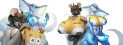 abs anthro argo_(kalivero) big_breasts big_penis blue_body blue_eyes blue_nipples bottomless breasts brown_hair clothed clothing cobra duo female genitals glowing glowing_genitalia glowing_markings glowing_nipples glowing_penis grey_body gynomorph hair hi_res holding_clothing holding_object huge_breasts hyper hyper_breasts intersex intersex/intersex kalivero licking licking_lips lips looking_at_another looking_at_viewer mammal markings meme meme_clothing multicolored_body muscular muscular_female navel nipples penis reptile rodent scalie shirt shirt_only short_hair smile snake t-shirt t-shirt_only tail thick_lips thick_thighs tongue tongue_out topwear topwear_only
