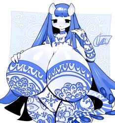2023 areola big_areola big_breasts blue_blush blue_hair blush breasts cherusdoodles dede_(cherusdoodles) demon demon_humanoid female floral_pattern floral_print genitals glistening glistening_breasts gzhel hair horn horned_humanoid huge_breasts humanoid looking_at_viewer nipples nude nude_female nude_humanoid pussy slightly_chubby slightly_chubby_female slightly_chubby_humanoid smile tail tampography thick_thighs