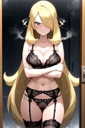 ai_generated angry angry_face arms_crossed blonde_hair cameltoe cynthia_(pokemon) female female_only lingerie nintendo pokemon pokemon_dppt sweating