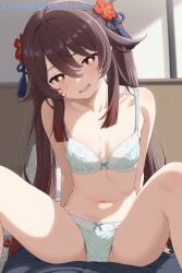 1boy 1girl 1girls ai_generated aqua_bra aqua_panties bare_shoulders black_nails blue_bra blush bow_bra bow_panties bra breasts brown_hair collarbone commentary_request cowgirl_position female female/male flower flower-shaped_pupils genshin_impact green_panties hair_flower hair_ornament hu_tao_(genshin_impact) long_hair looking_at_viewer male/female nail_polish navel open_mouth panties pov red_eyes sitting sitting_on_person small_breasts smile spread_legs stomach straight sweat symbol-shaped_pupils thighs twintails underwear underwear_only very_long_hair zelanell