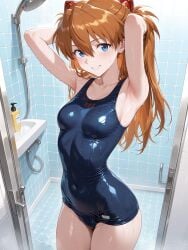 ai_generated armpits arms_up asuka_langley_sohryu happy school_swimsuit shower smile standing wet