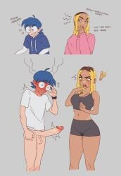 1boy 1girls 2d 2knsfw1 big_penis blonde_female blonde_hair blue_hair bottomless college college_student female gyaru male nerd penis penis_awe size_queen tagme text uncensored wet wet_panties wet_pussy