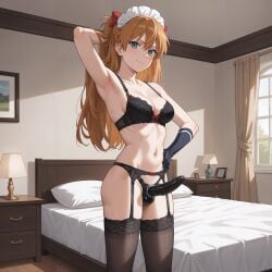 1girls ai_generated armpit asuka_langley_sohryu bed bedroom bra garter_straps hand_behind_head hand_on_head maid_headdress solo stockings strap-on