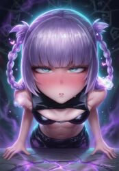1girls :o ai_assisted ai_edit ai_generated alternate_version_available blue_eyes blush blush_lines bob_cut braid braided_hair braided_twintails breasts call_of_the_night clothed decensored edit female female_only highres kaiman_garupan looking_at_another looking_at_viewer nanakusa_nazuna pov pov_eye_contact pov_male purple_hair small_breasts tagme vampire yofukashi_no_uta