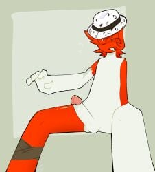 1boy arm_behind_back bandage_on_leg blush_lines exposed_penis face_markings fedora hi_res male multicolored_body nervous_smile precum roblox roblox_avatar robloxian self_upload shocked_eyes sitting staring_at_penis tagme tinpotsakura