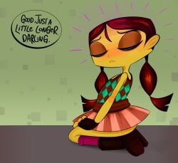 1girls clothed clothing english_text female gloves human kneeling lili_zanotto offscreen_character ota_(artist) pigtails psychonauts shortstack sitting skirt solo speech_bubble tan-skinned_female tan_skin text