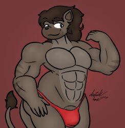 2025 abs anthro brown_hair bulge clothing digital_drawing_(artwork) digital_media_(artwork) fur genitals hair hyena isaiahtse looking_at_viewer male mammal muscular muscular_anthro muscular_male panties pecs penis red_clothing red_panties red_underwear smile spike_belle_(isaiahtse) tail underwear