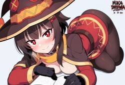 ai_generated blush book brown_hair female gloves hair_ornament hairclip headwear holding kono_subarashii_sekai_ni_shukufuku_wo! looking_at_viewer megumin pantyhose red_eyes scarf simple_background skirt smile solo